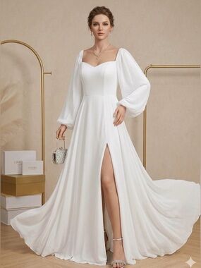 XXL JJs House White Long Sleeve A-Line Gown with Thigh Slit